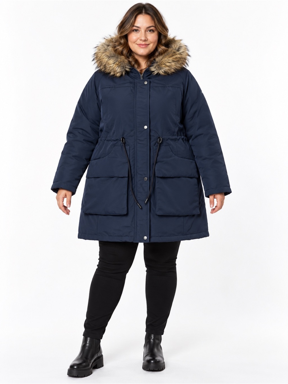 Orolay Women’s XL Navy Fleece Lined Parka Faux Fur Hood Winter Coat NWT
